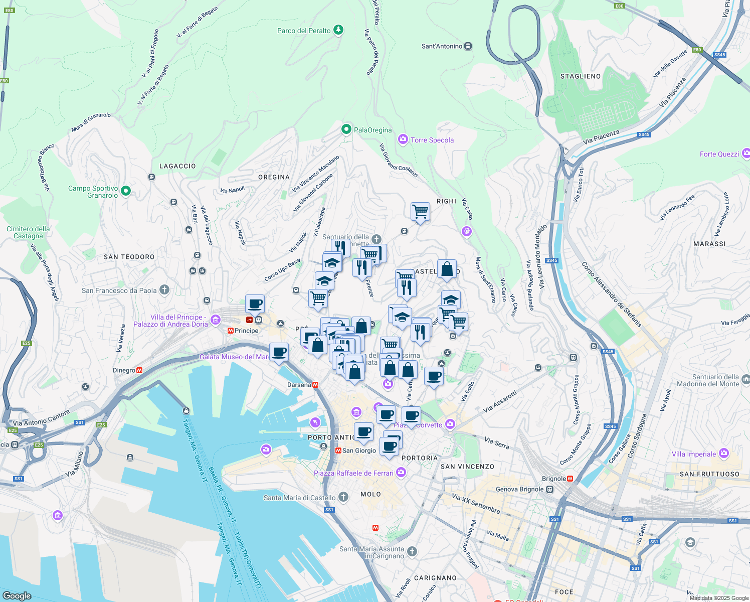 map of restaurants, bars, coffee shops, grocery stores, and more near 23 Corso Firenze in Genova