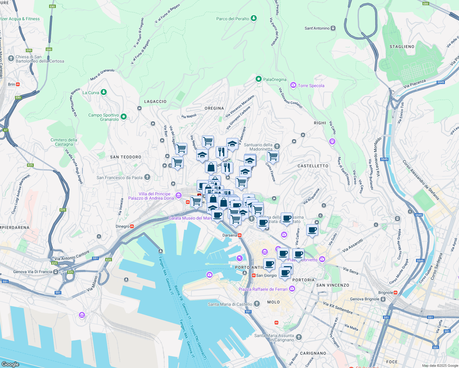 map of restaurants, bars, coffee shops, grocery stores, and more near 9 Via di Montegalletto in Genoa
