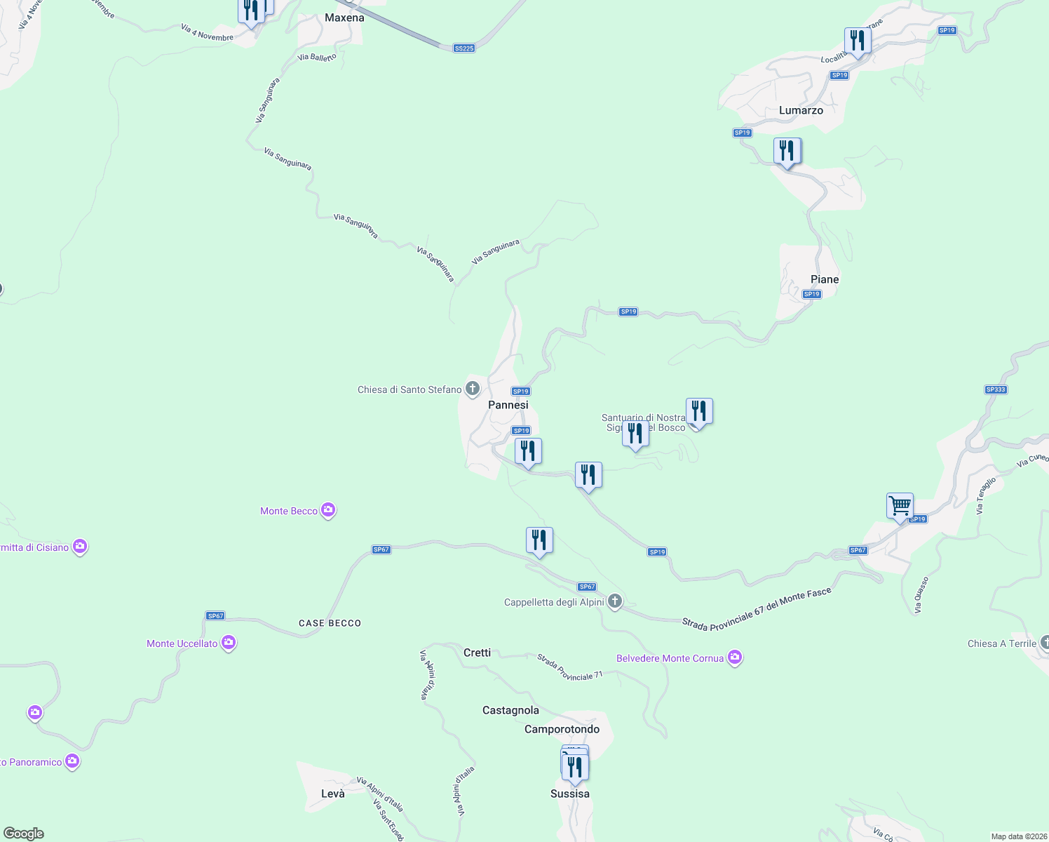 map of restaurants, bars, coffee shops, grocery stores, and more near 59 Strada Provinciale 19 in Pannesi