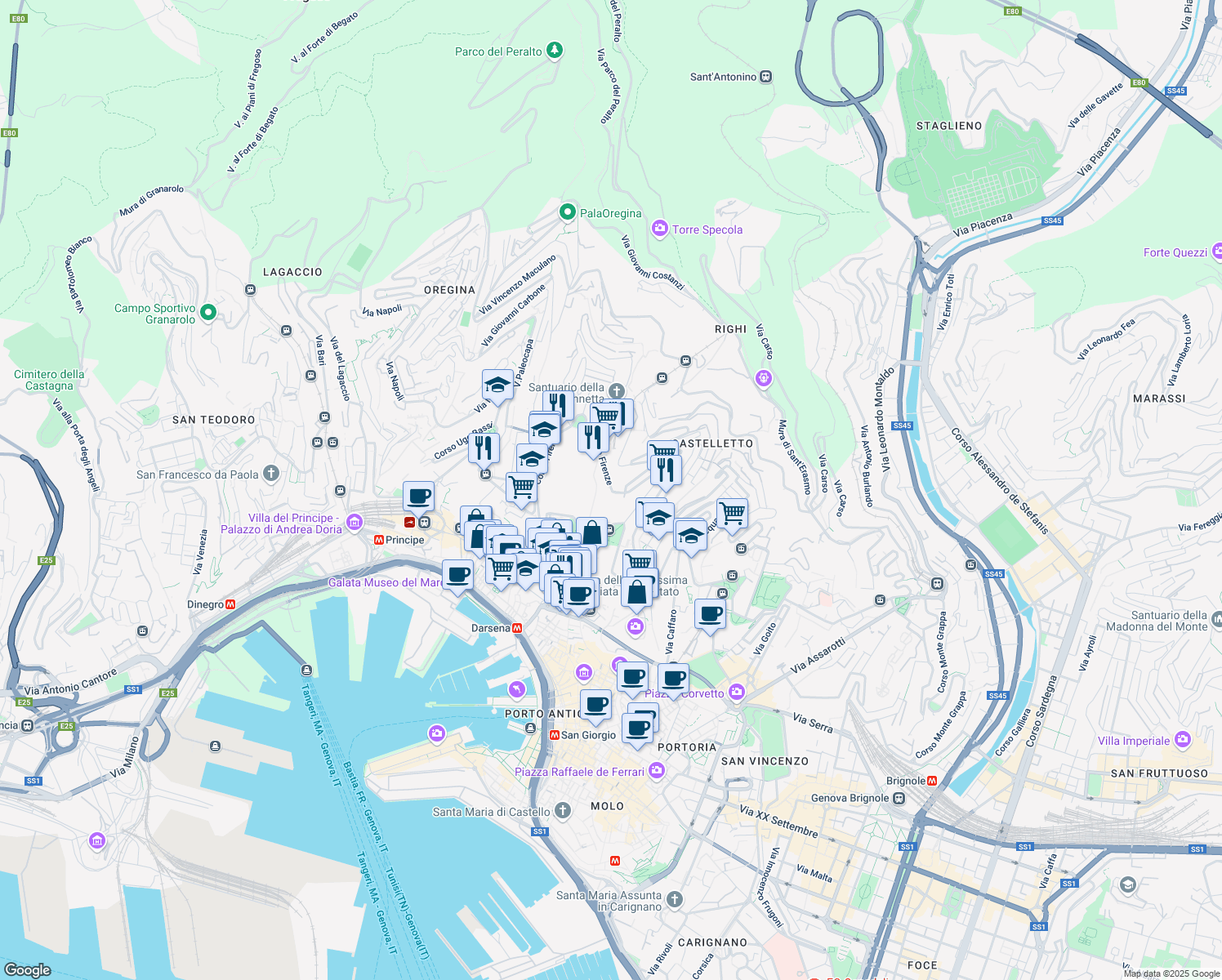 map of restaurants, bars, coffee shops, grocery stores, and more near 23 Corso Firenze in Genova