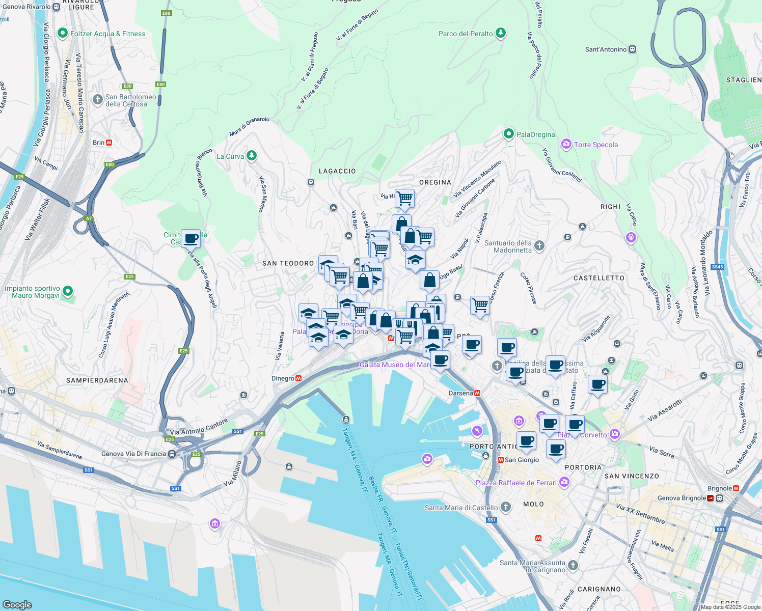 map of restaurants, bars, coffee shops, grocery stores, and more near Salita G. B. Rapallo in Genoa
