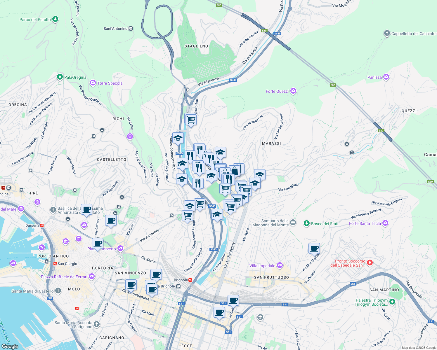 map of restaurants, bars, coffee shops, grocery stores, and more near 153 Corso Alessandro de Stefanis in Genova