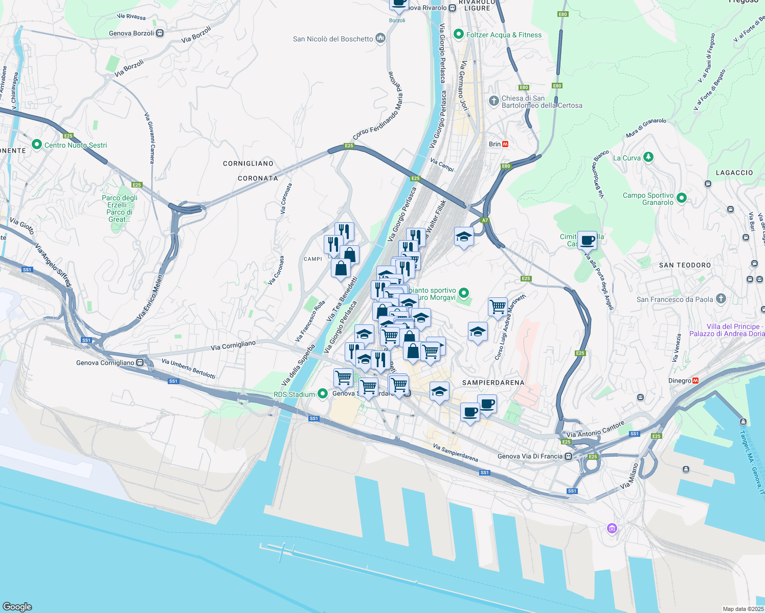 map of restaurants, bars, coffee shops, grocery stores, and more near 19 Via Giuditta Tavani in Genova