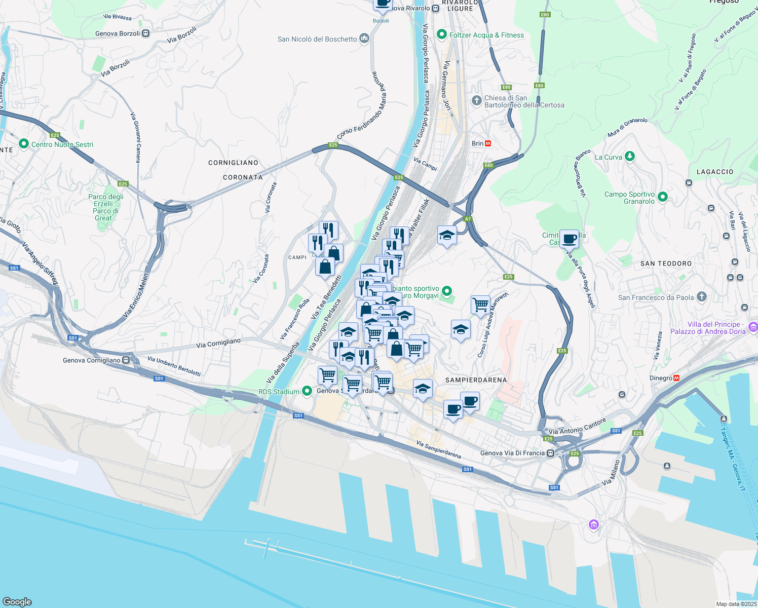 map of restaurants, bars, coffee shops, grocery stores, and more near 19 Via Giuditta Tavani in Genova