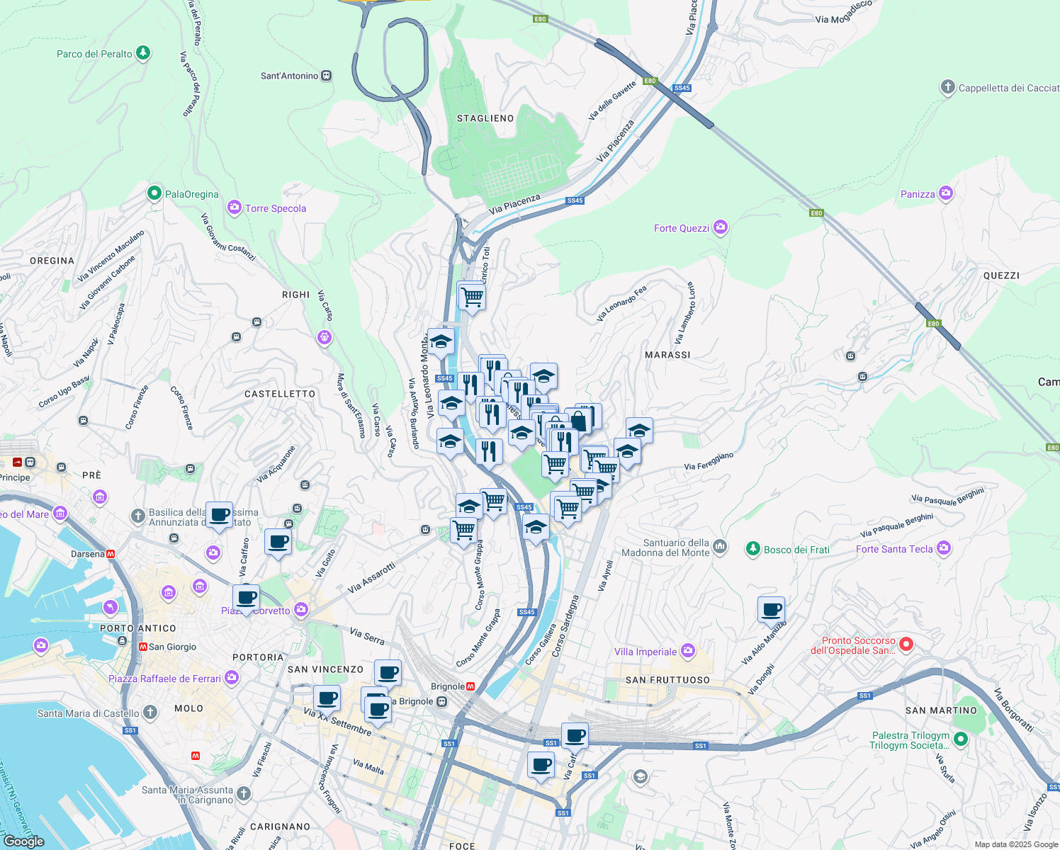 map of restaurants, bars, coffee shops, grocery stores, and more near 153 Corso Alessandro de Stefanis in Genova