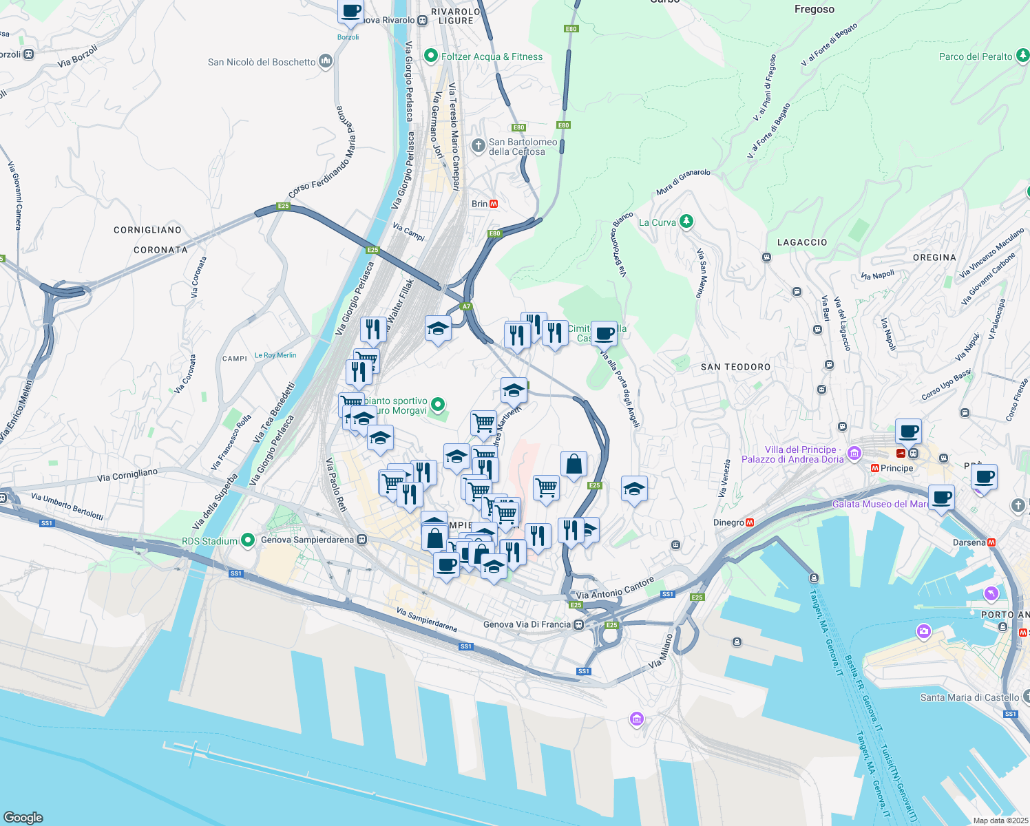 map of restaurants, bars, coffee shops, grocery stores, and more near 77 Corso Luigi Andrea Martinetti in Genova
