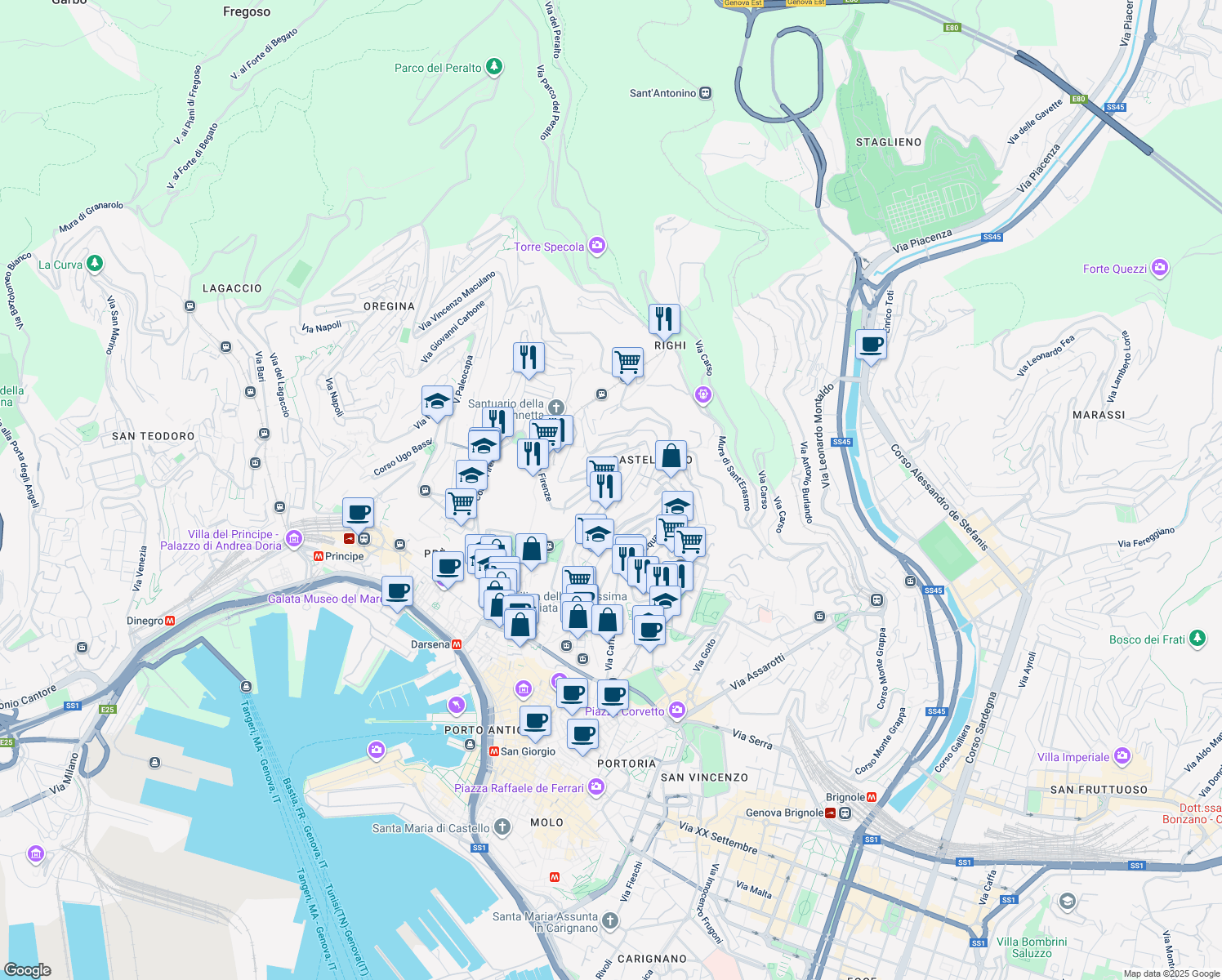 map of restaurants, bars, coffee shops, grocery stores, and more near 16 Salita Superiore di San Simone in Genova