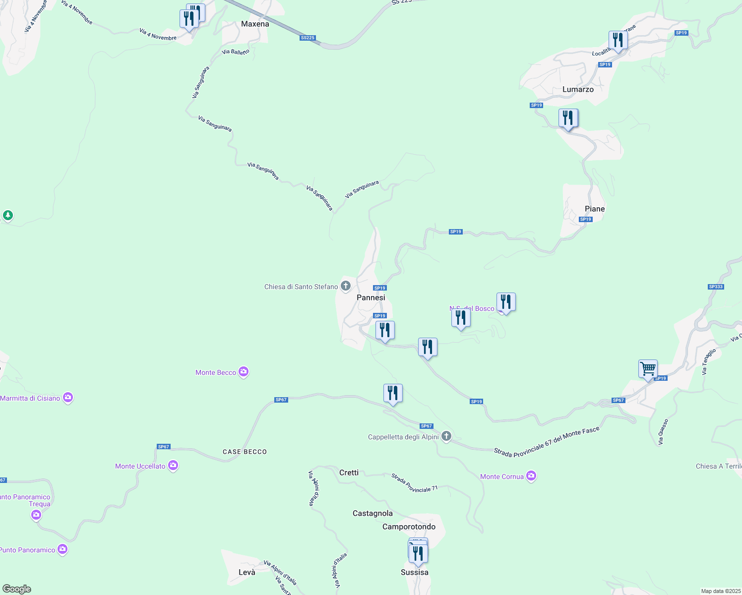 map of restaurants, bars, coffee shops, grocery stores, and more near 220 Frazione Recroso in Pannesi