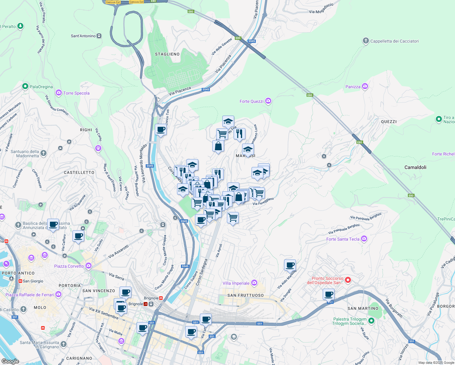 map of restaurants, bars, coffee shops, grocery stores, and more near Via Remigio Zena in Genova