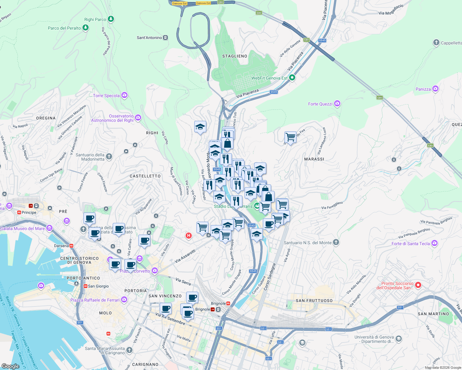 map of restaurants, bars, coffee shops, grocery stores, and more near 4 Via Francesco Montebruno in Genova