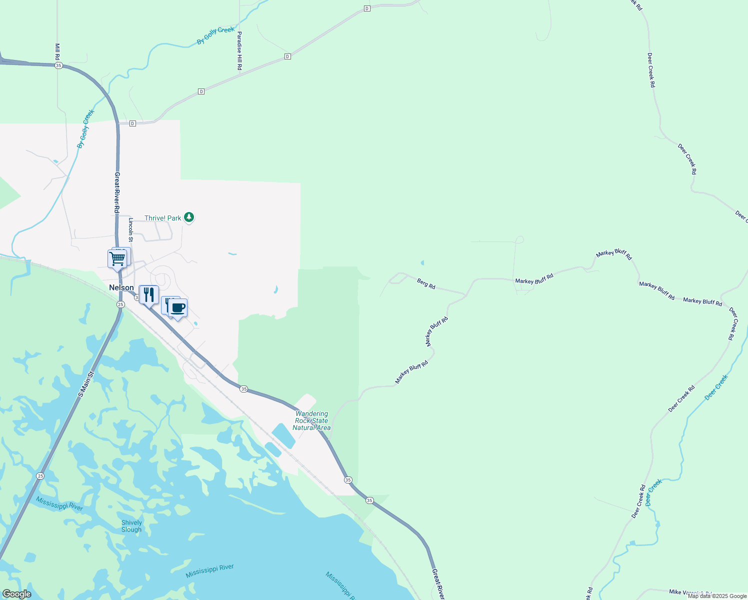 map of restaurants, bars, coffee shops, grocery stores, and more near W2266 Berg Road in Nelson