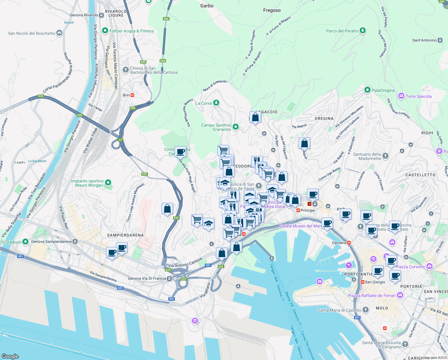map of restaurants, bars, coffee shops, grocery stores, and more near 94 Via Bologna in Genoa