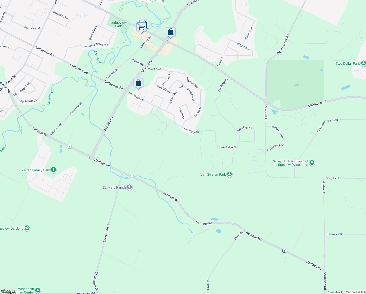 map of restaurants, bars, coffee shops, grocery stores, and more near 4500 Scenic Way in De Pere