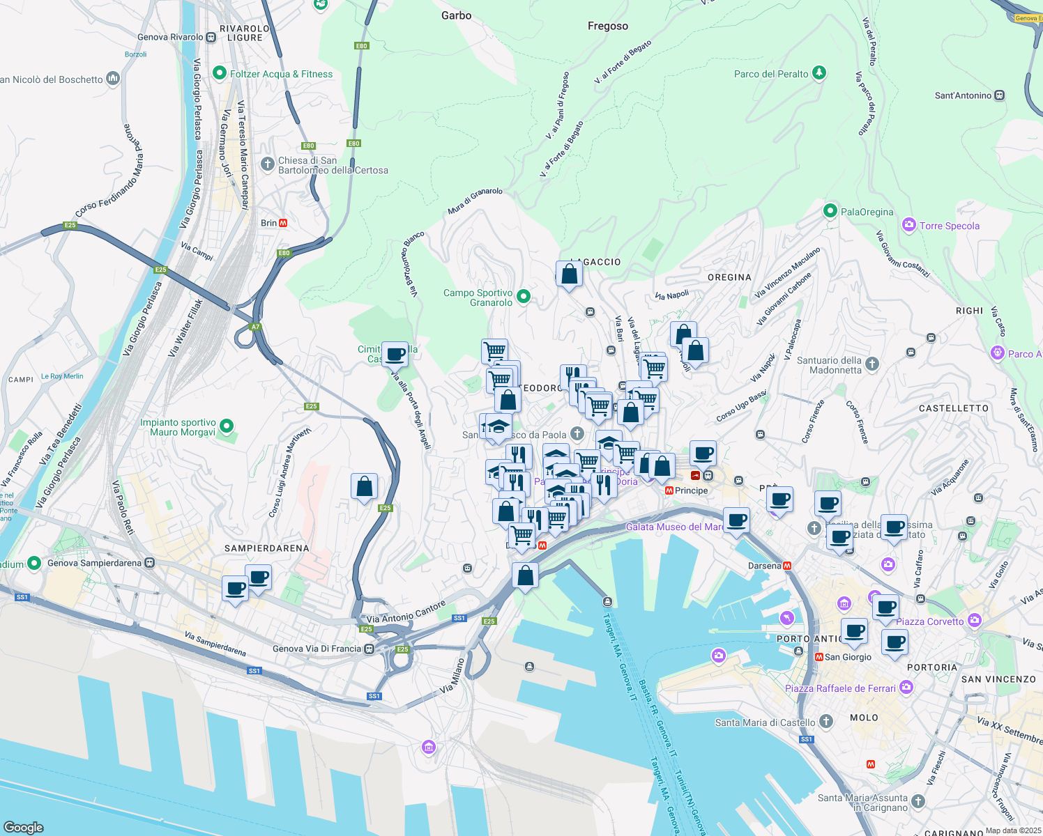map of restaurants, bars, coffee shops, grocery stores, and more near 54 Via Bologna in Genoa