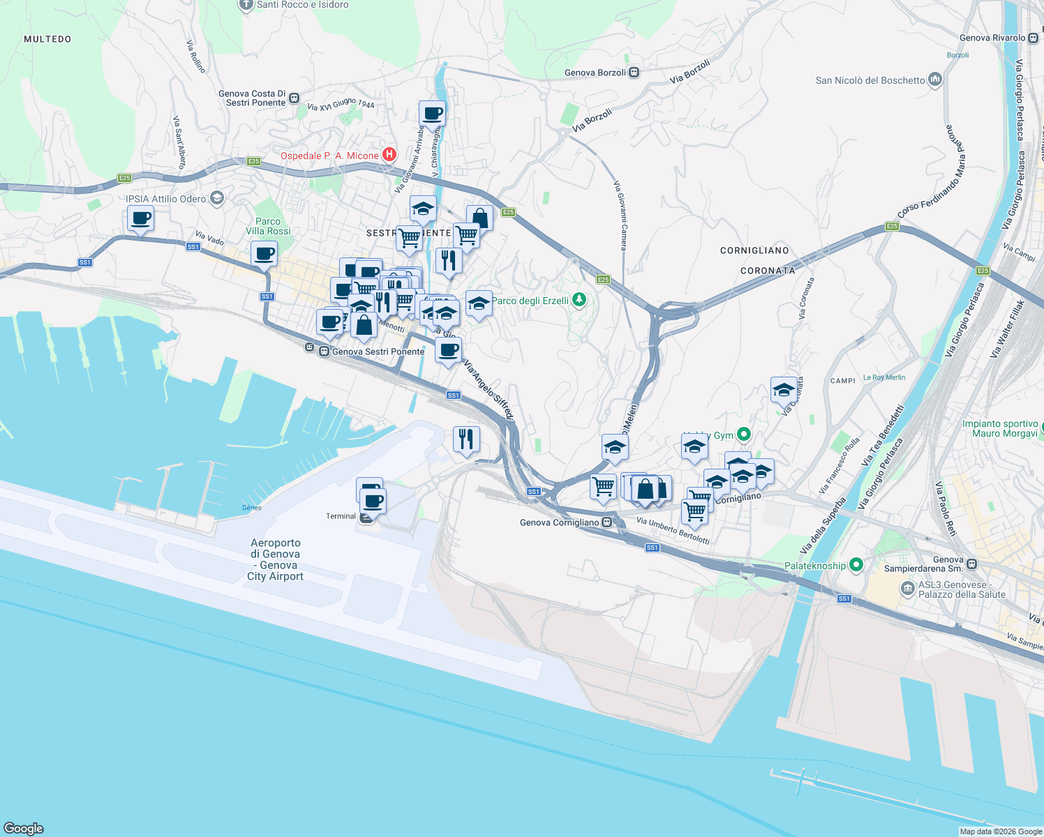 map of restaurants, bars, coffee shops, grocery stores, and more near 72 Via dell'Acciaio in Genova