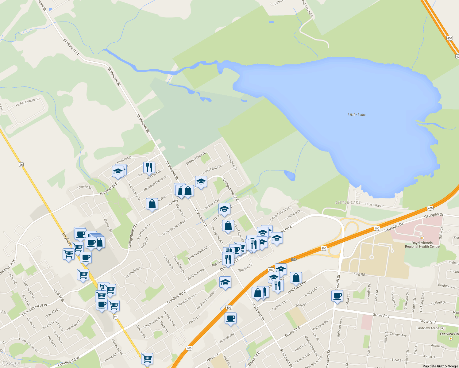 map of restaurants, bars, coffee shops, grocery stores, and more near 260 Livingstone Street East in Barrie