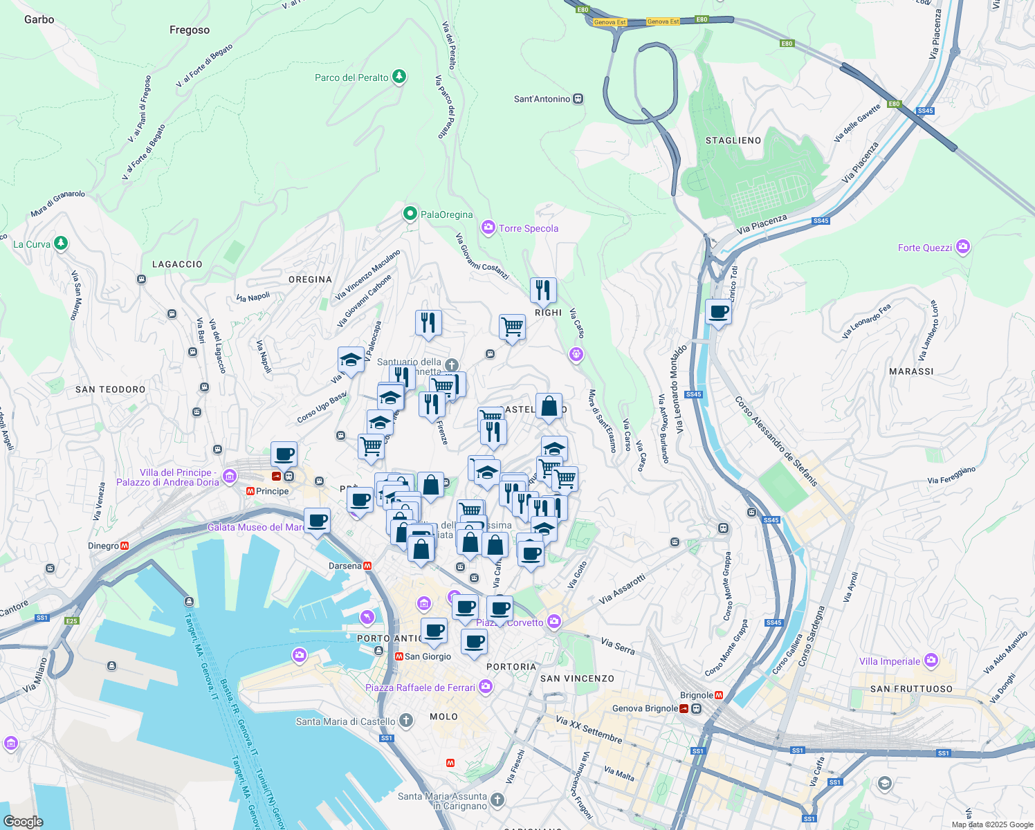 map of restaurants, bars, coffee shops, grocery stores, and more near 16 Salita Superiore San Simone in Genoa
