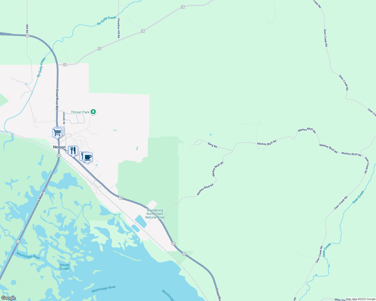 map of restaurants, bars, coffee shops, grocery stores, and more near W2266 Berg Road in Nelson
