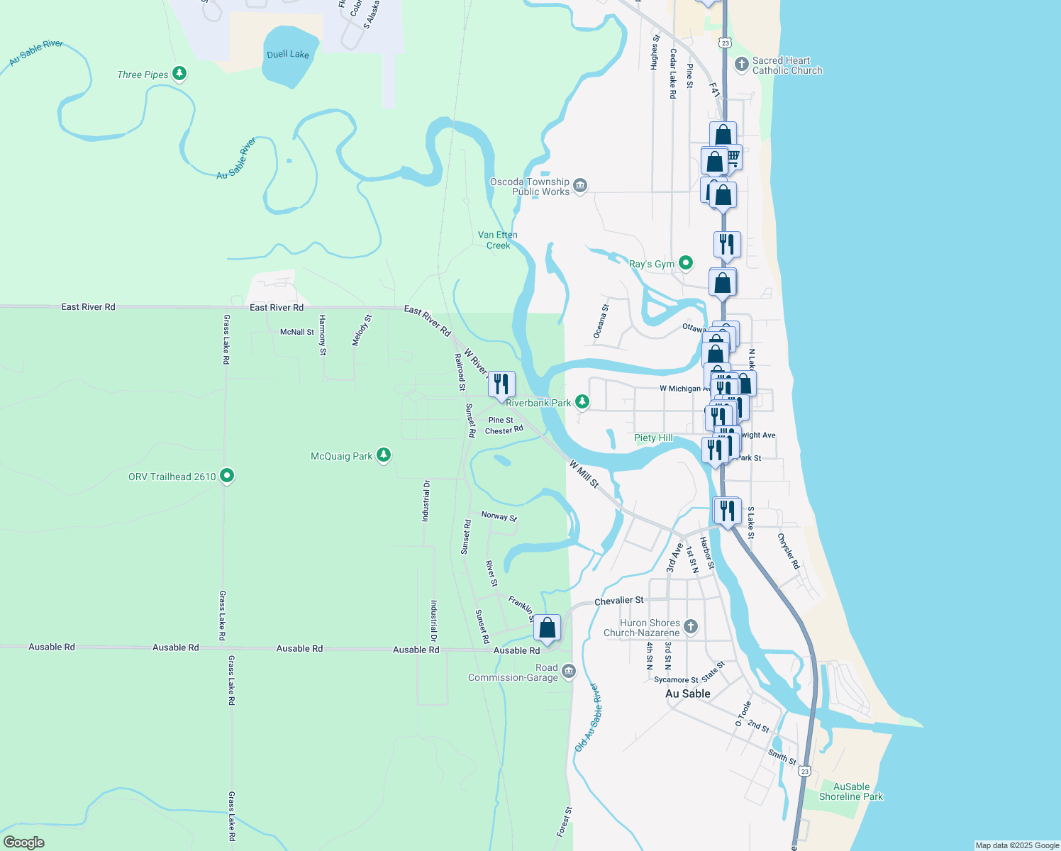 map of restaurants, bars, coffee shops, grocery stores, and more near 412 W Mill St in Au Sable Charter Township