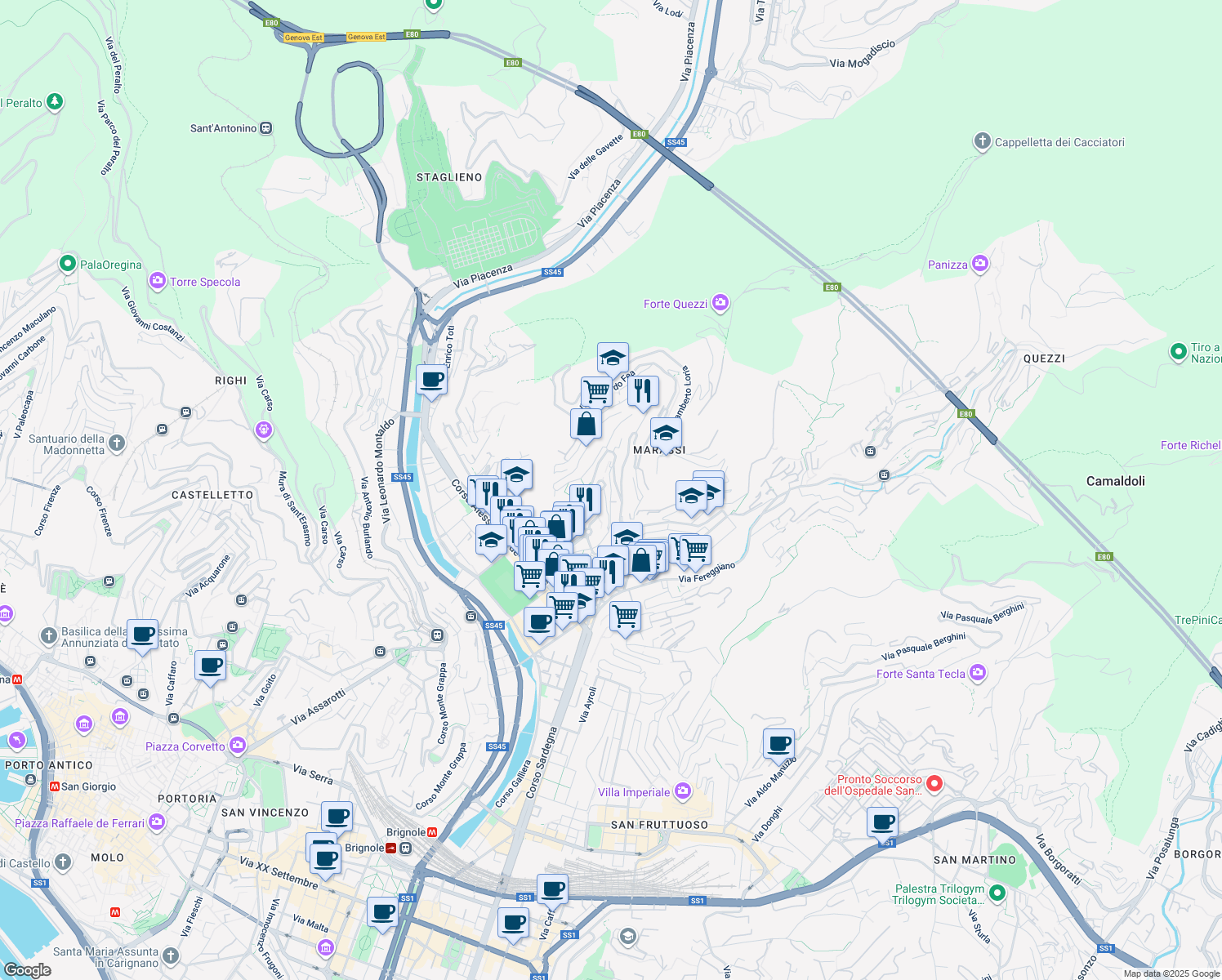 map of restaurants, bars, coffee shops, grocery stores, and more near Via Remigio Zena in Genova