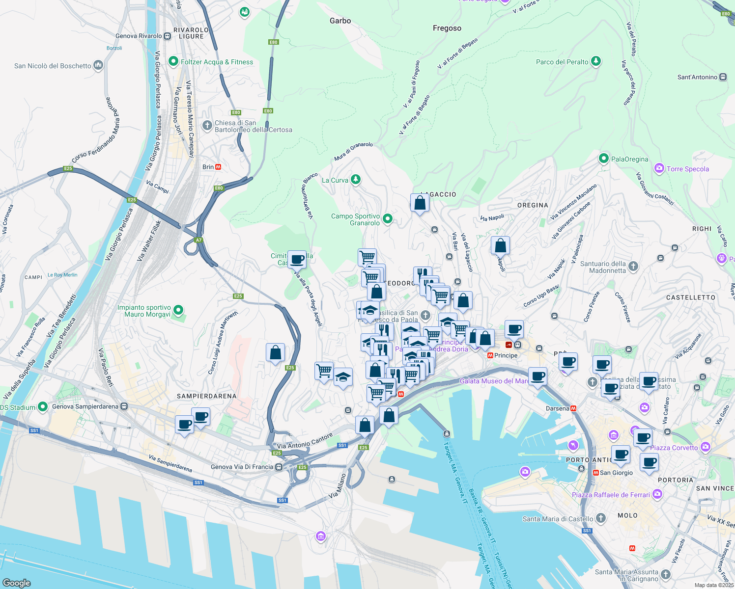 map of restaurants, bars, coffee shops, grocery stores, and more near 94 Via Bologna in Genova