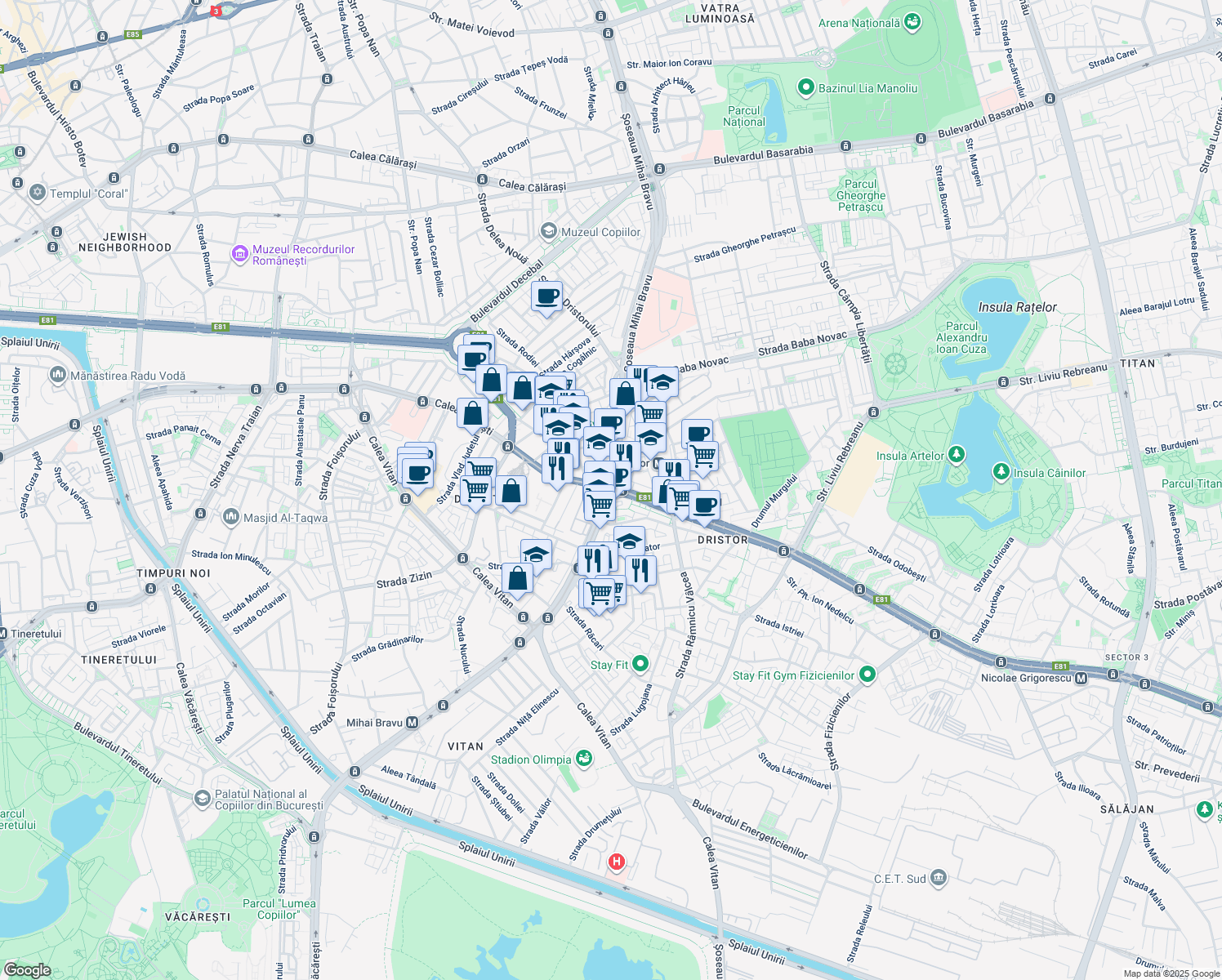 map of restaurants, bars, coffee shops, grocery stores, and more near E81 in Bucharest