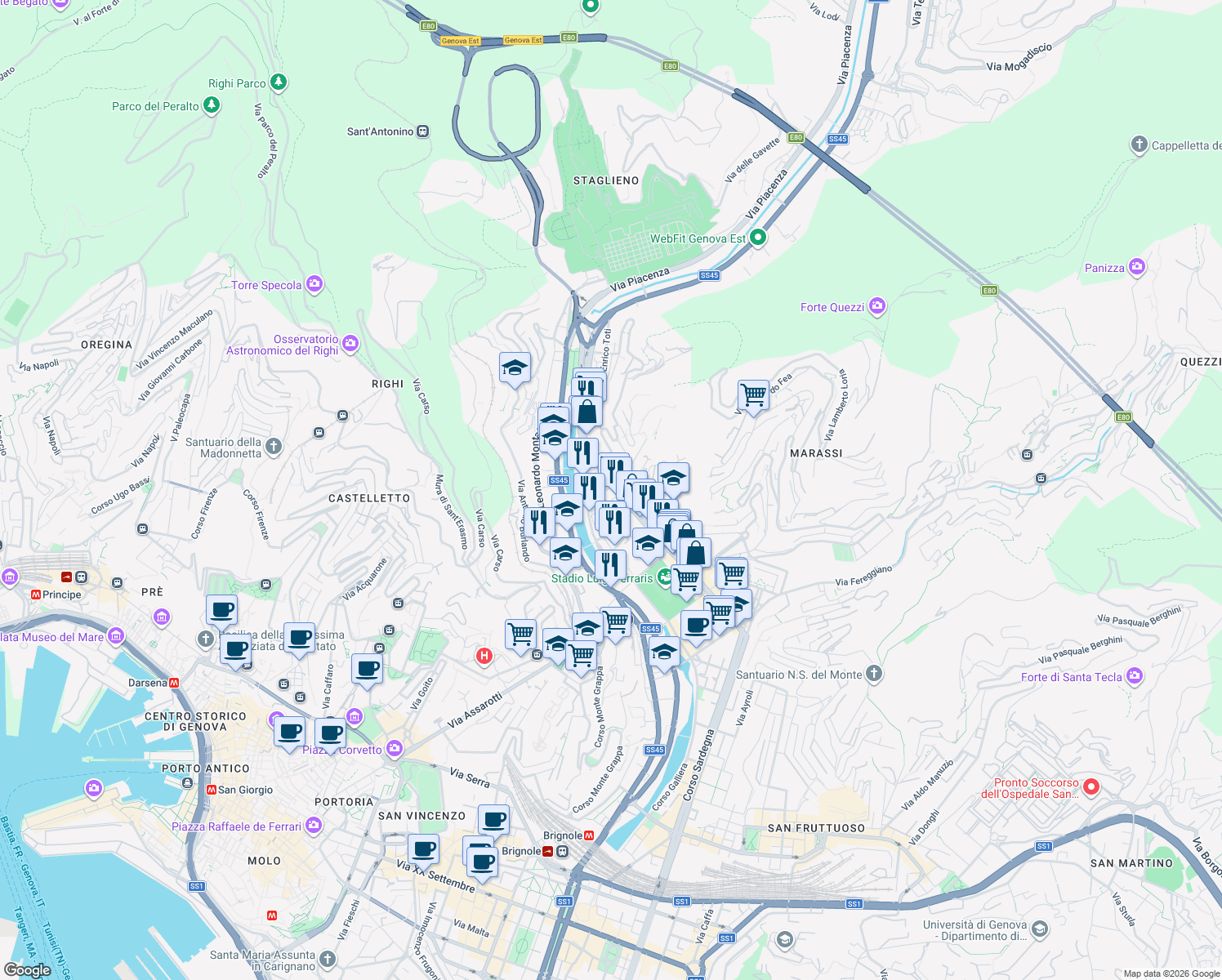 map of restaurants, bars, coffee shops, grocery stores, and more near 4 Via Francesco Montebruno in Genoa
