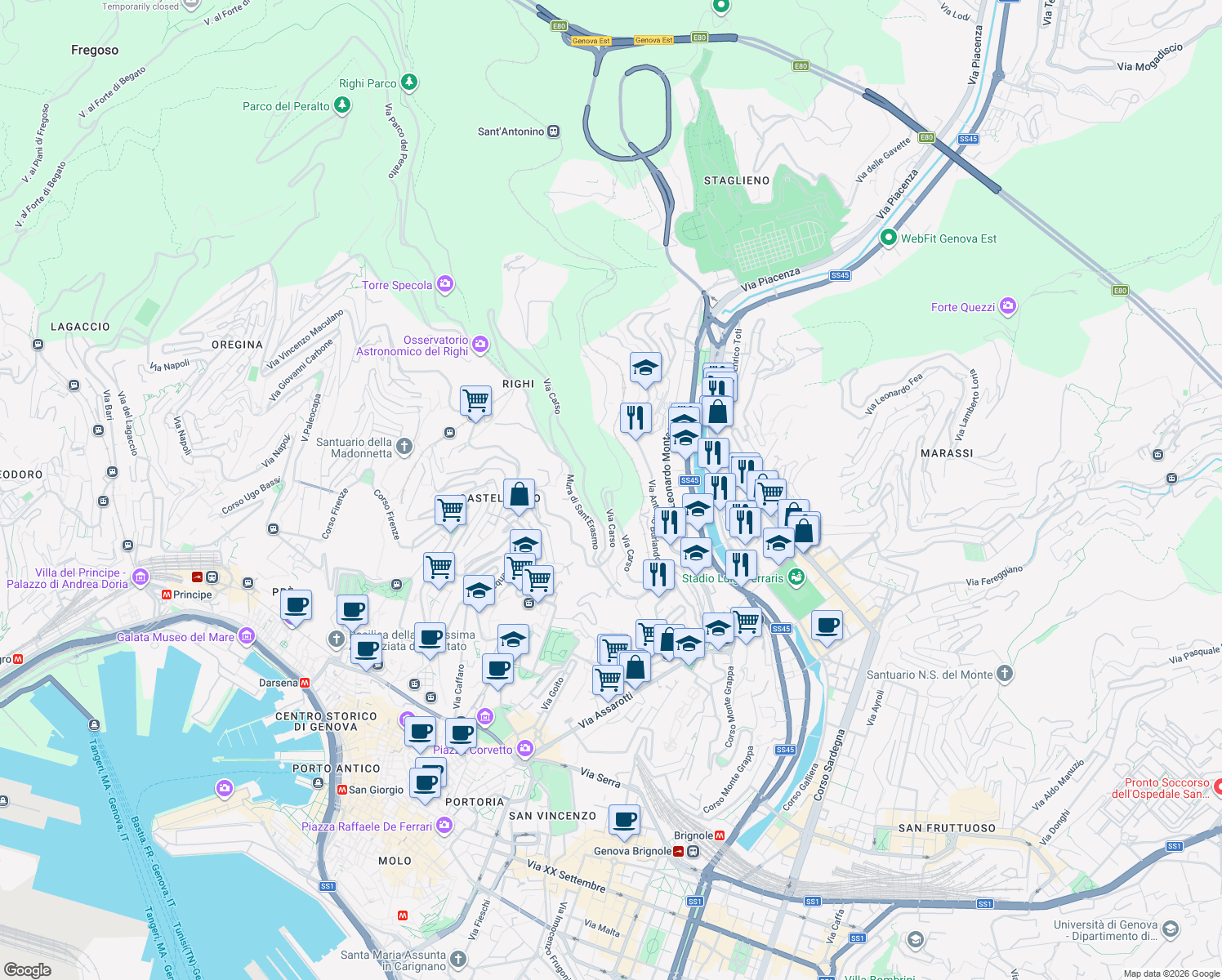 map of restaurants, bars, coffee shops, grocery stores, and more near 33 Via San Pantaleo in Genova