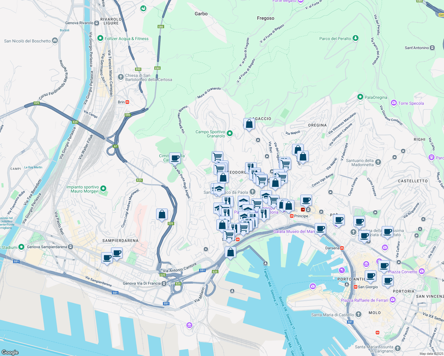map of restaurants, bars, coffee shops, grocery stores, and more near 54 Via Bologna in Genova