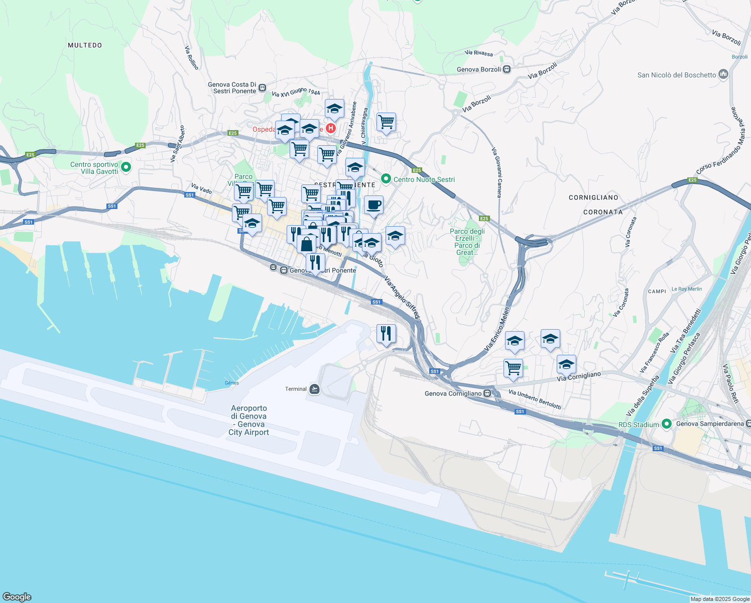 map of restaurants, bars, coffee shops, grocery stores, and more near 21 Via Albareto in Genova