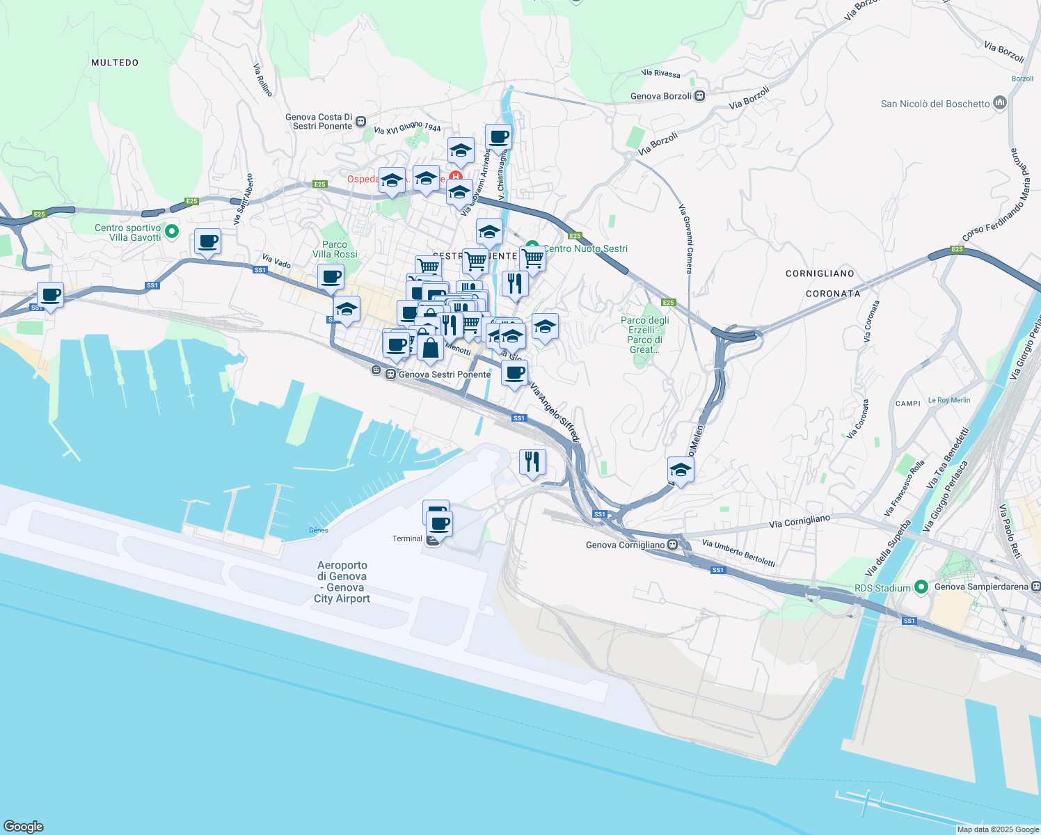 map of restaurants, bars, coffee shops, grocery stores, and more near 21 Via Enrico Albareto in Genova