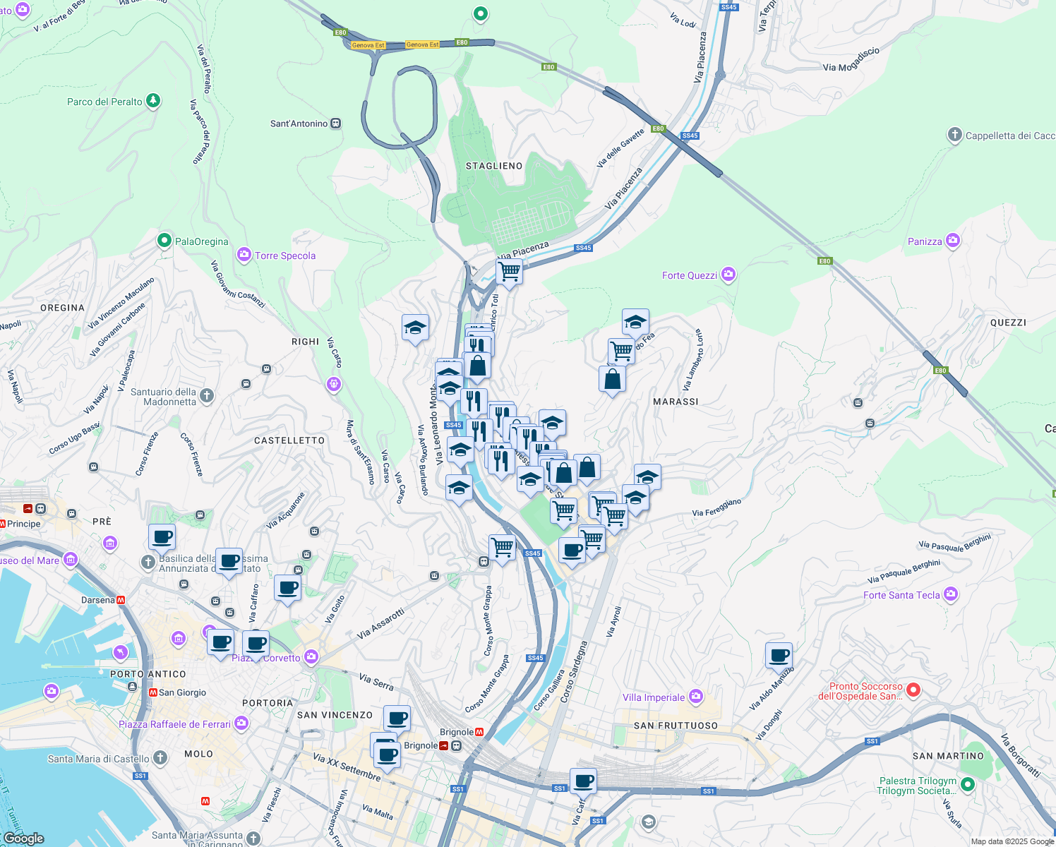 map of restaurants, bars, coffee shops, grocery stores, and more near 2 Via dei Platani in Genova