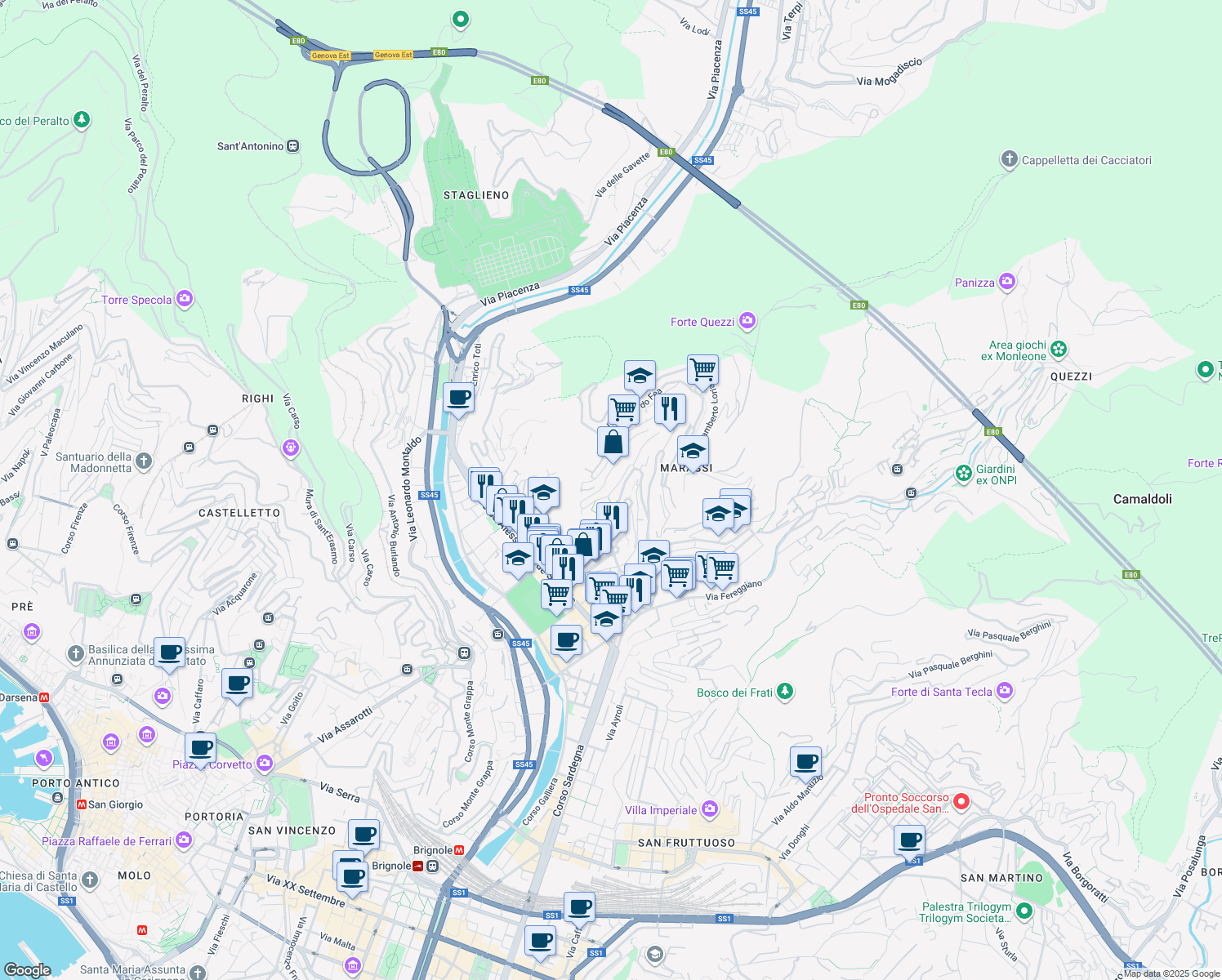 map of restaurants, bars, coffee shops, grocery stores, and more near in Genoa