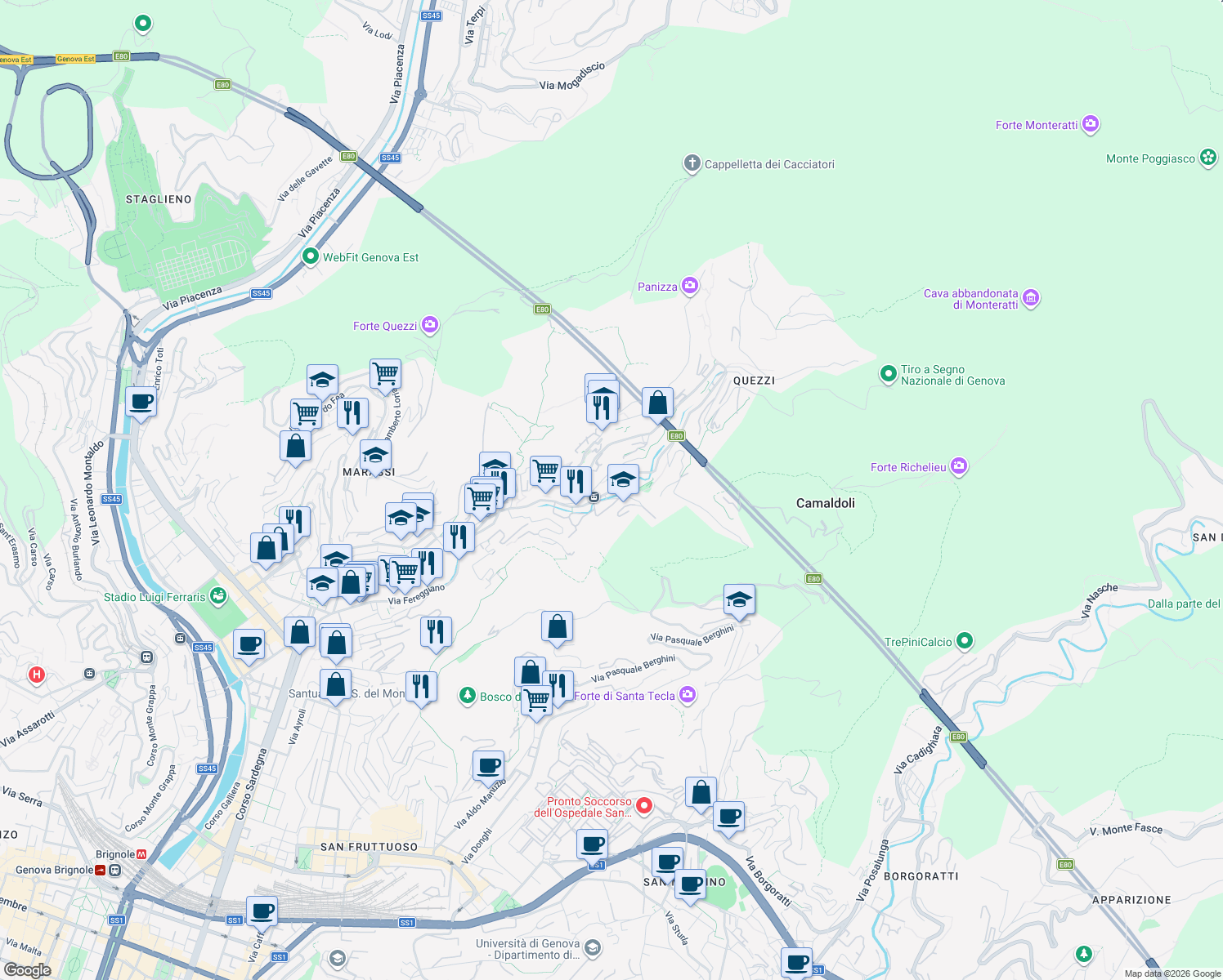 map of restaurants, bars, coffee shops, grocery stores, and more near 66 R Via Piero Pinetti in Genova