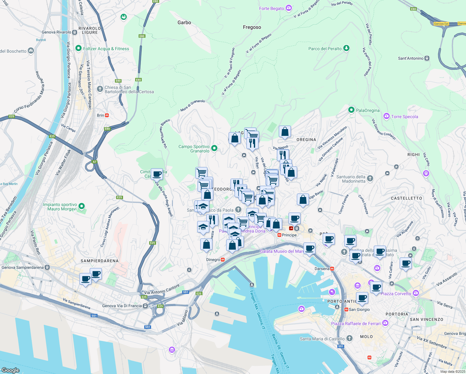 map of restaurants, bars, coffee shops, grocery stores, and more near 6 Via Carlo Bonanni in Genova