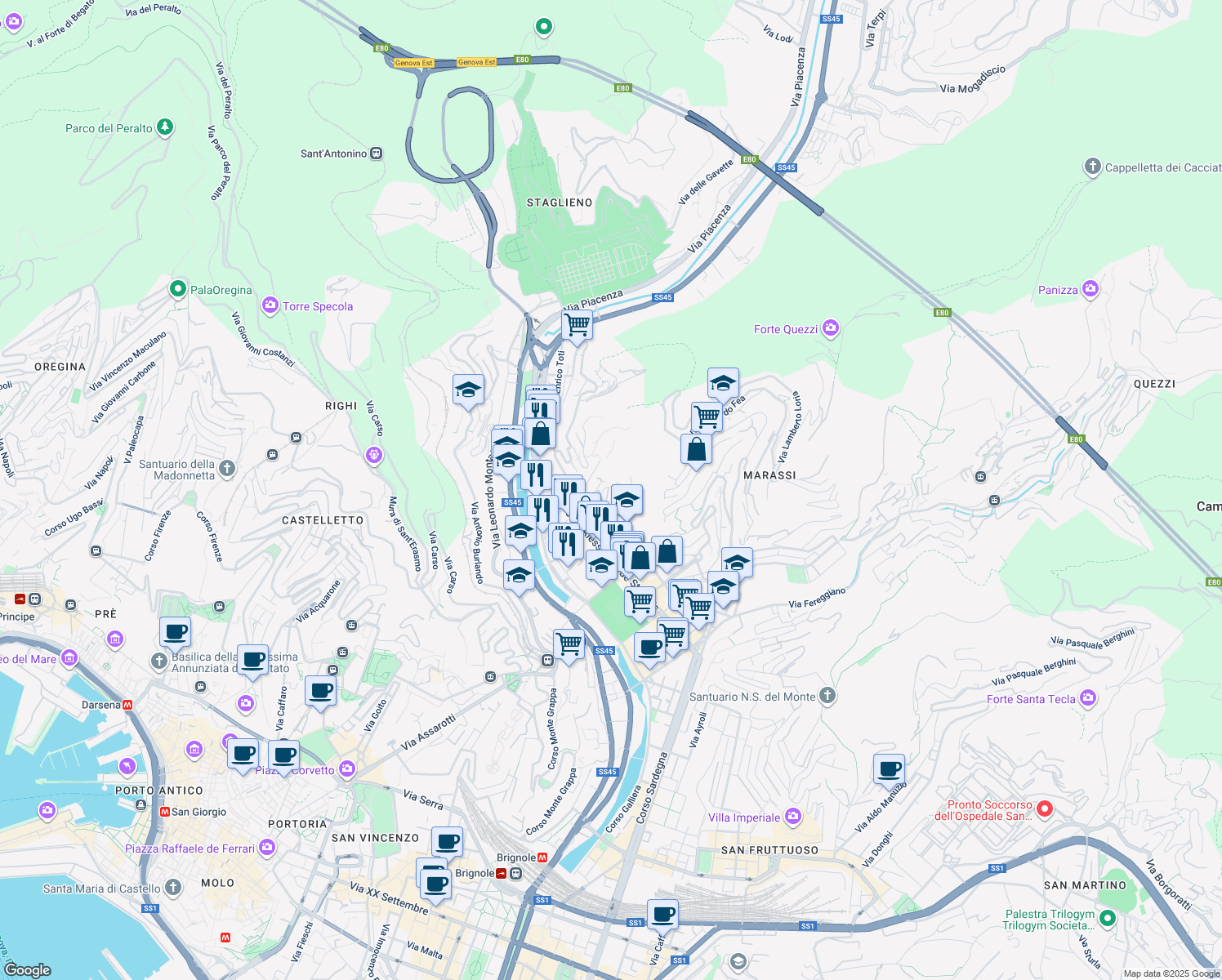 map of restaurants, bars, coffee shops, grocery stores, and more near 2 Via dei Platani in Genova