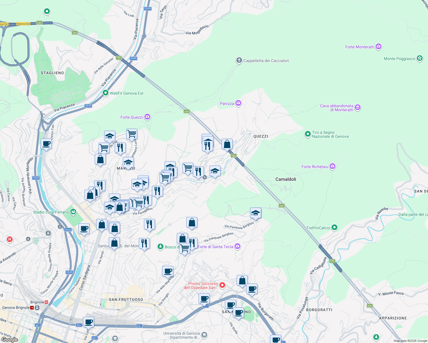map of restaurants, bars, coffee shops, grocery stores, and more near 66 R Via Piero Pinetti in Genova