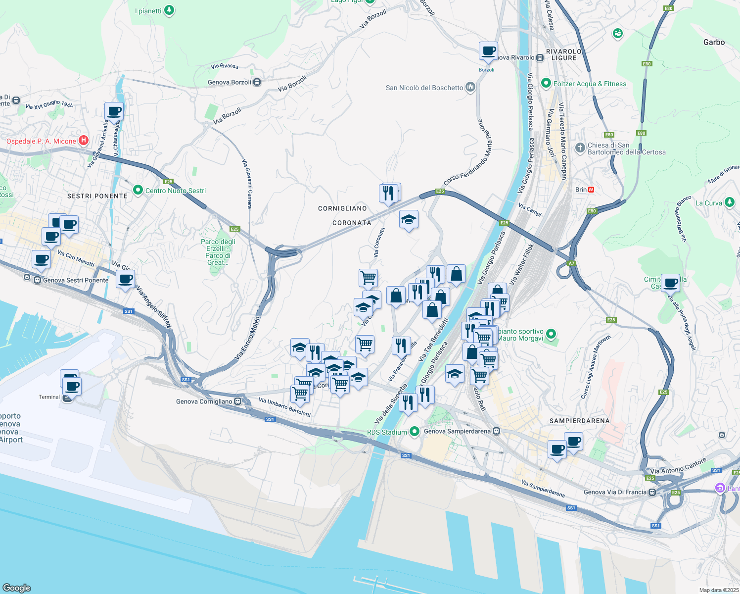 map of restaurants, bars, coffee shops, grocery stores, and more near 52 Via Coronata in Genova