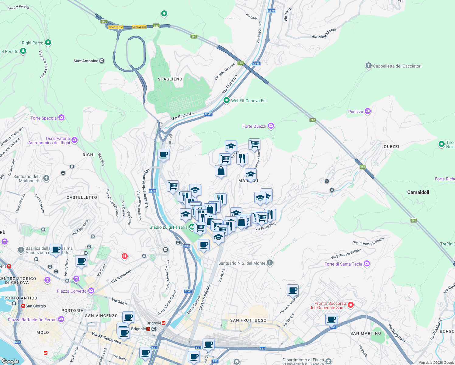 map of restaurants, bars, coffee shops, grocery stores, and more near 36 Via Remigio Zena in Genova