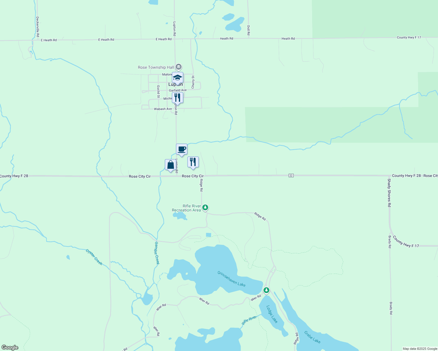 map of restaurants, bars, coffee shops, grocery stores, and more near 2801 County Highway F 28 in Lupton