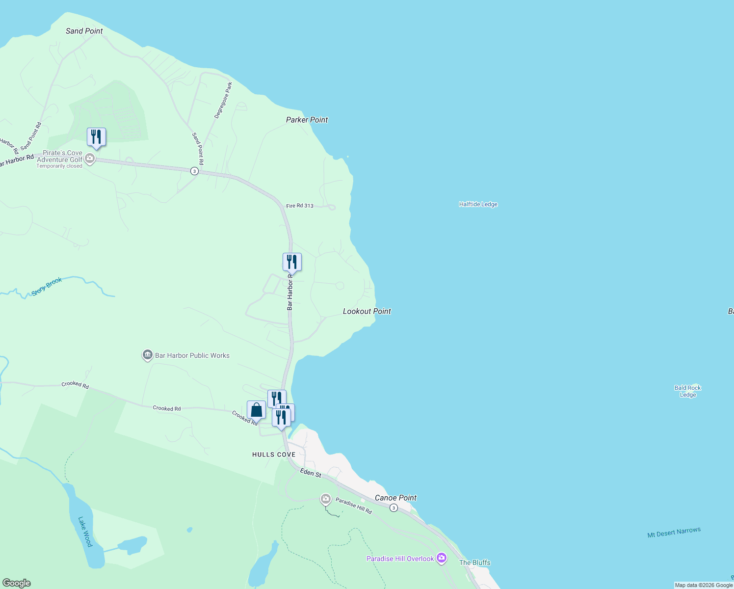 map of restaurants, bars, coffee shops, grocery stores, and more near 7 Seaview Lane in Bar Harbor