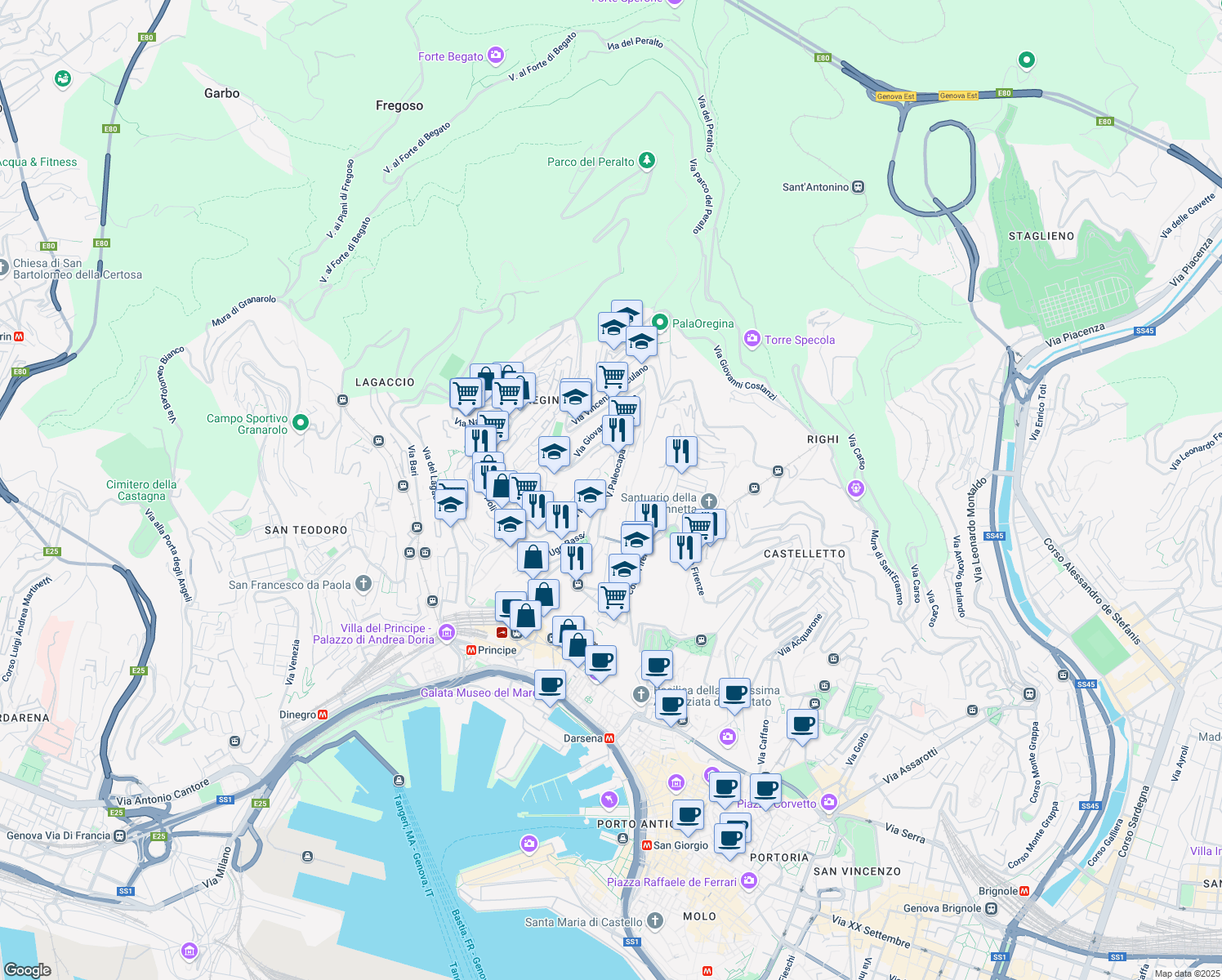 map of restaurants, bars, coffee shops, grocery stores, and more near Via Spinola Ambrogio in Genoa