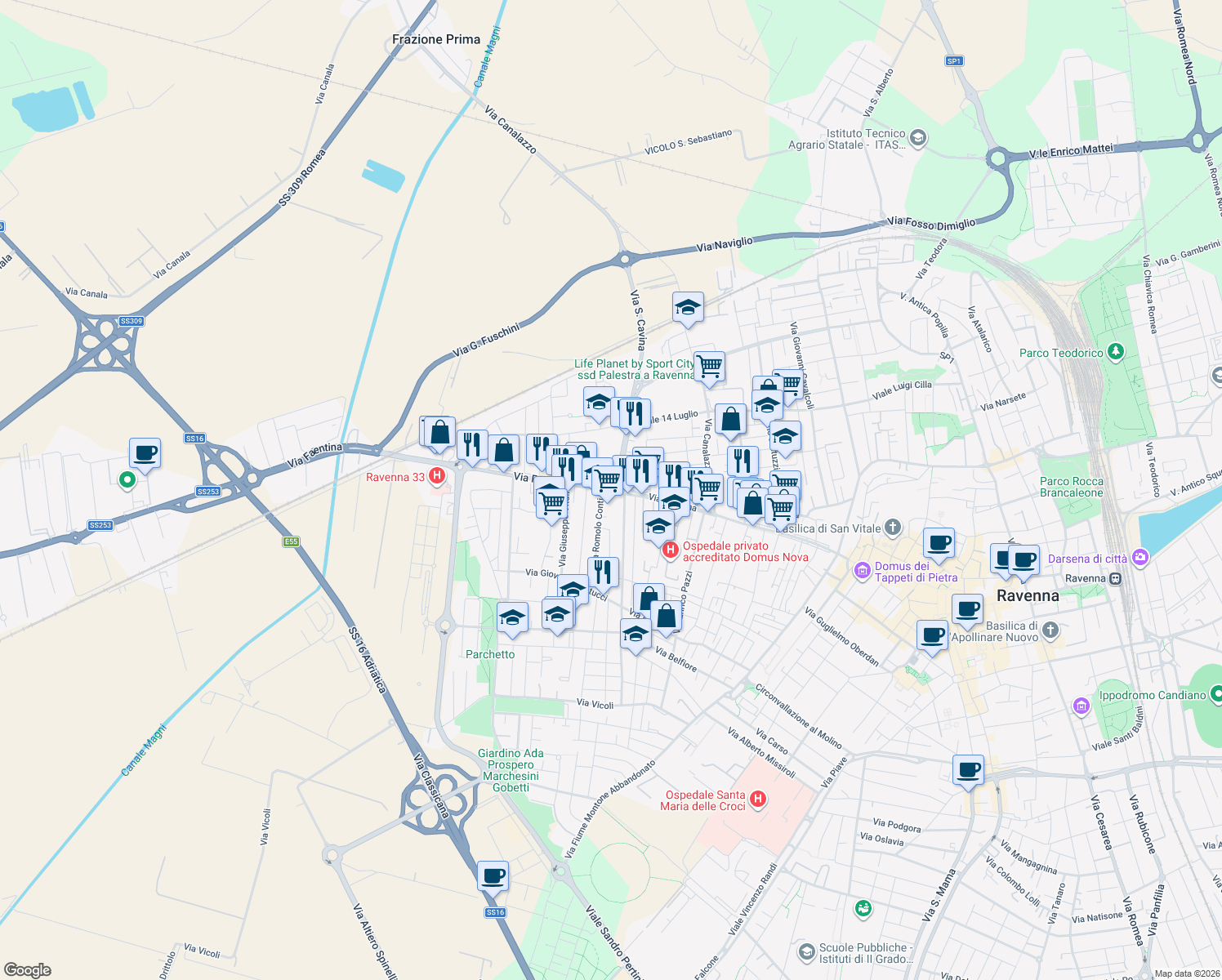 map of restaurants, bars, coffee shops, grocery stores, and more near 39 Via Faentina in Ravenna