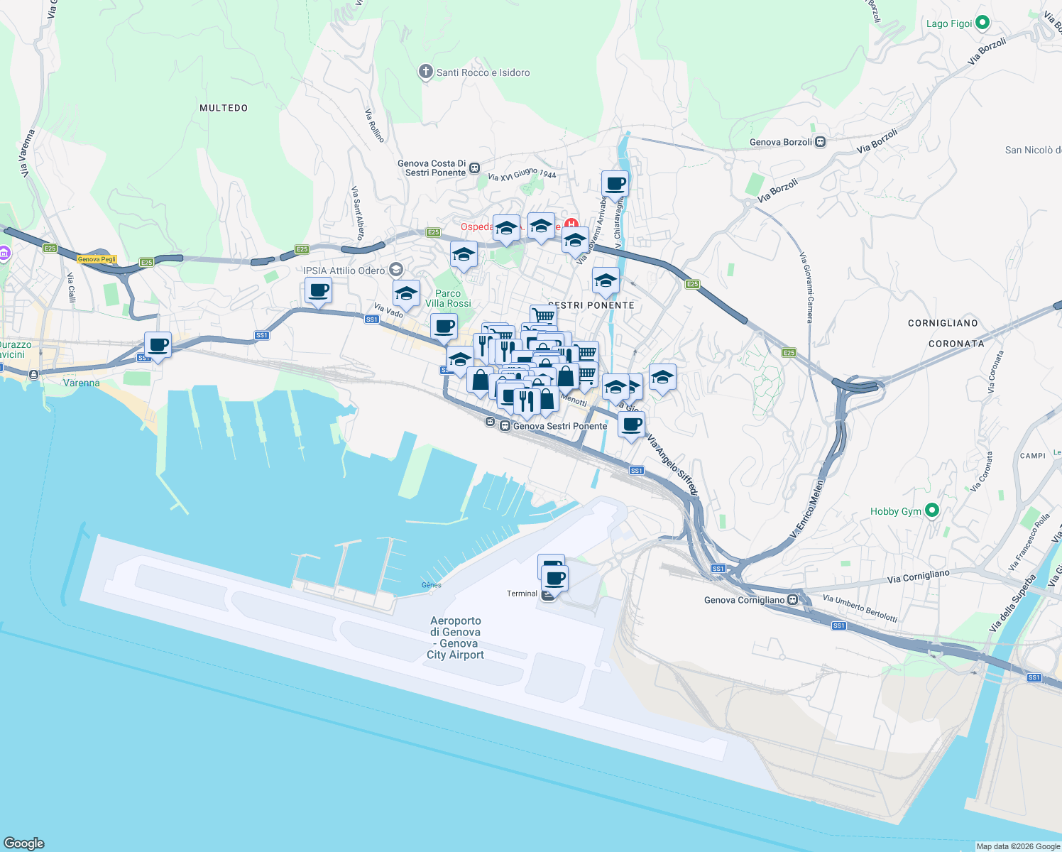 map of restaurants, bars, coffee shops, grocery stores, and more near 27-28 Via Giacomo Puccini in Genova