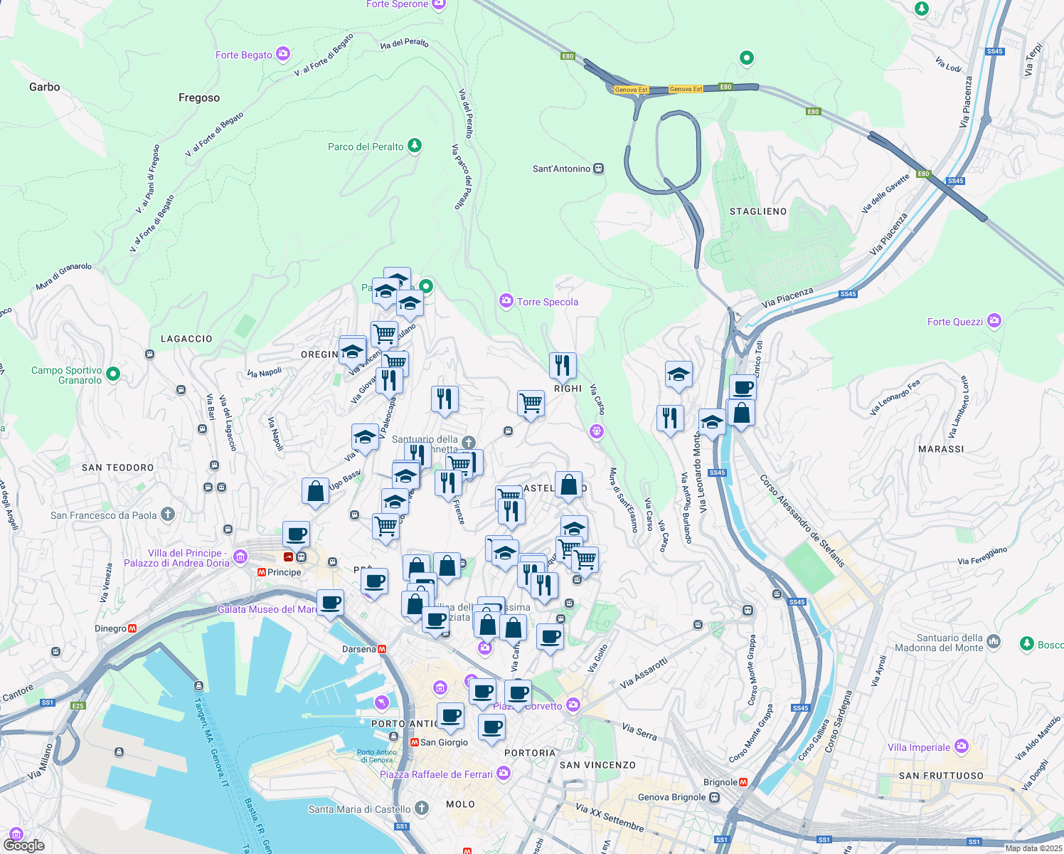 map of restaurants, bars, coffee shops, grocery stores, and more near 29 Via Domenico Chiodo in Genova