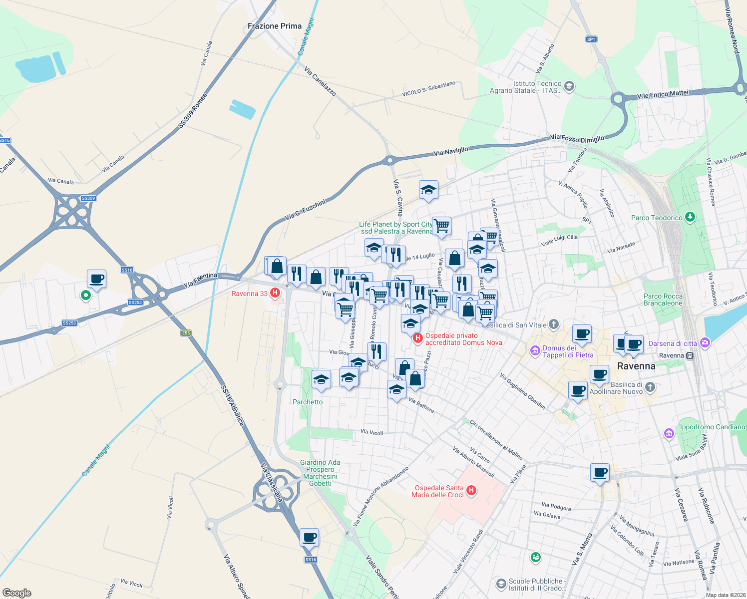map of restaurants, bars, coffee shops, grocery stores, and more near 39 Via Faentina in Ravenna