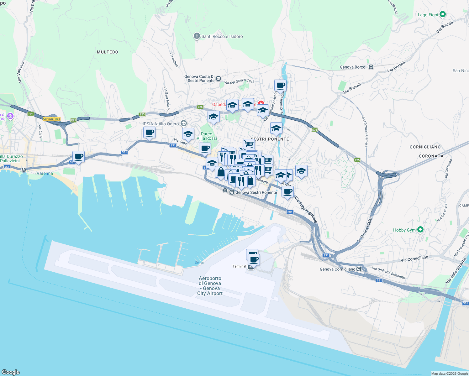 map of restaurants, bars, coffee shops, grocery stores, and more near 27 Via Giacomo Puccini in Genova