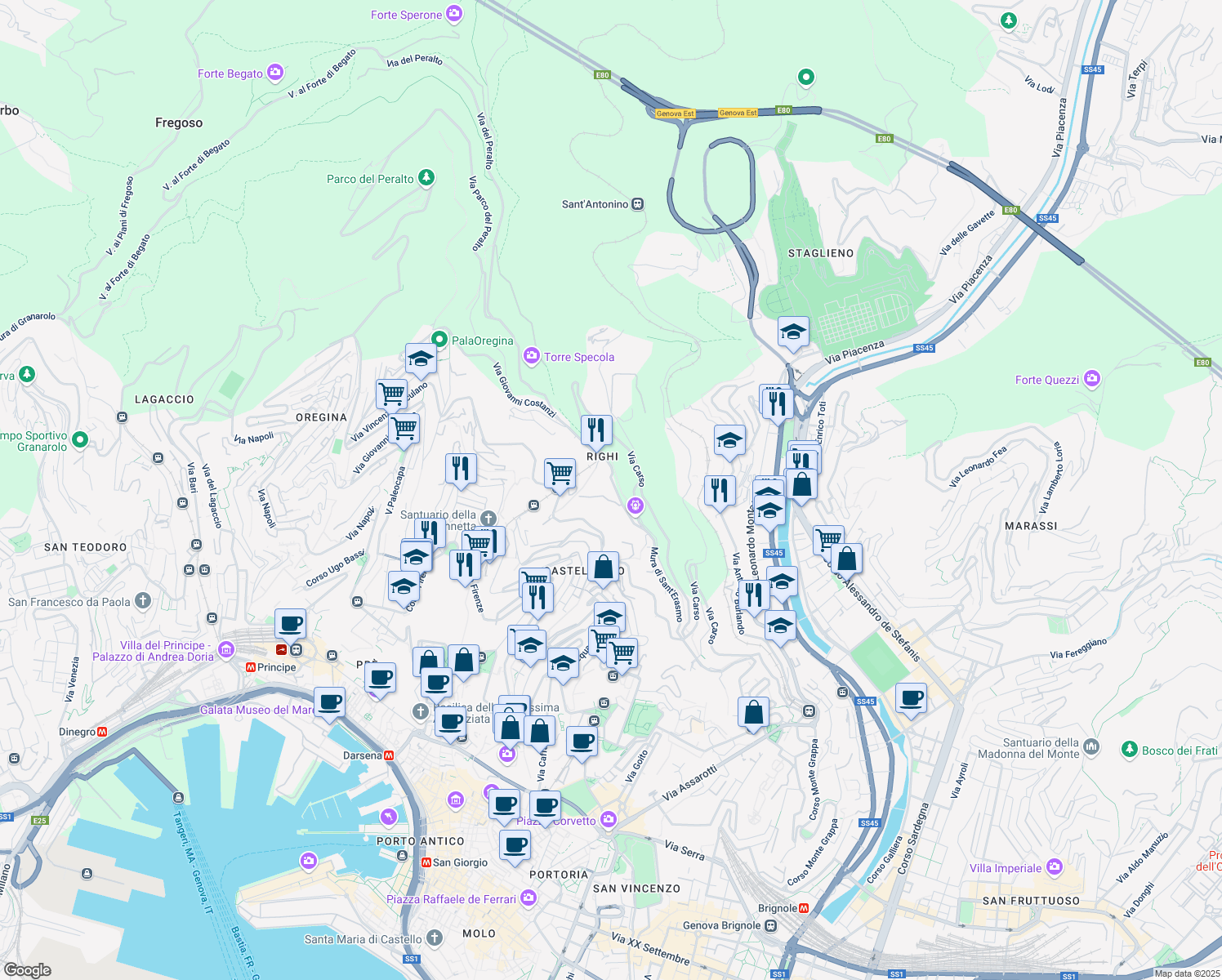 map of restaurants, bars, coffee shops, grocery stores, and more near 42 Mura delle Chiappe in Genova