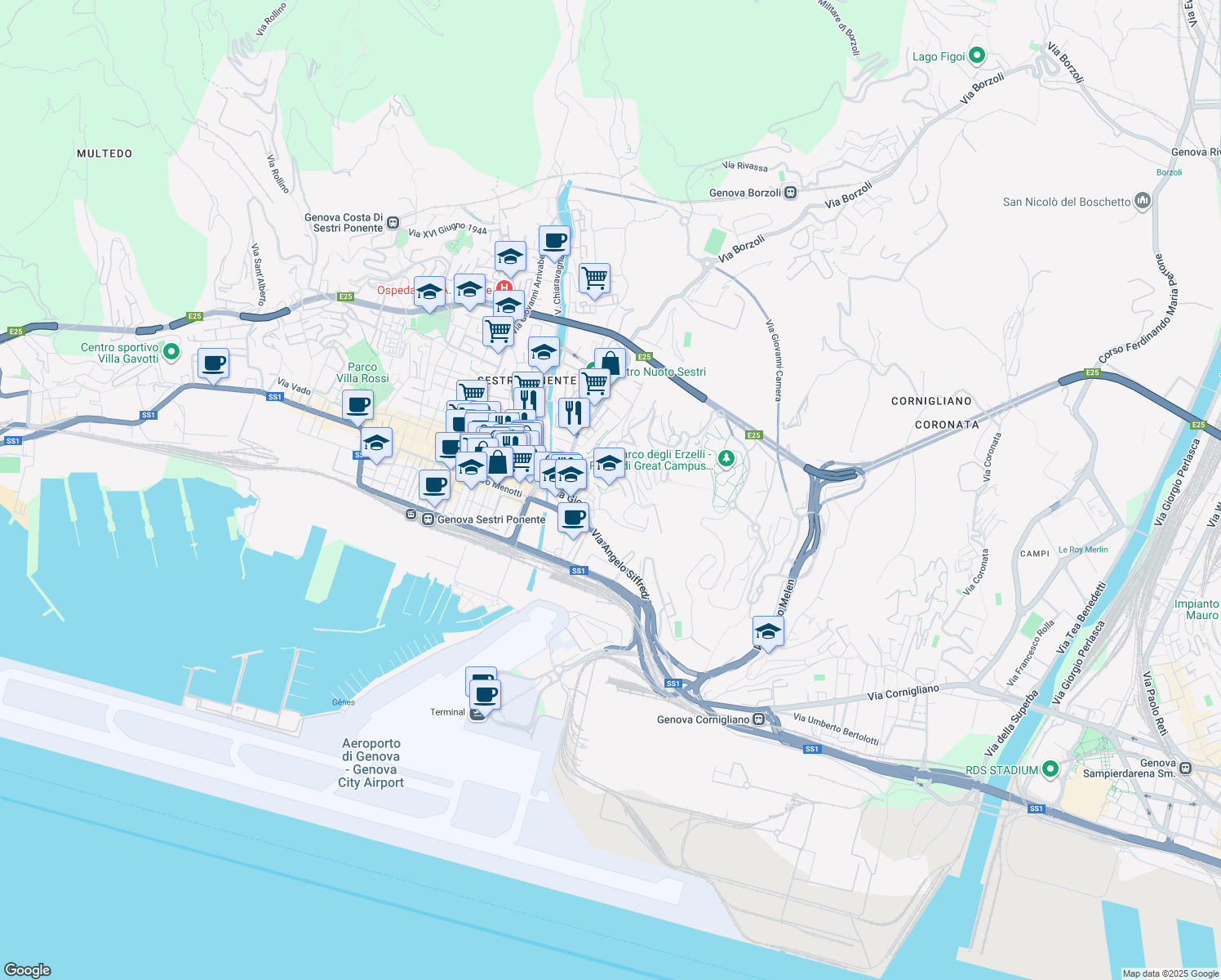 map of restaurants, bars, coffee shops, grocery stores, and more near Via Lodovico Calda in Genova