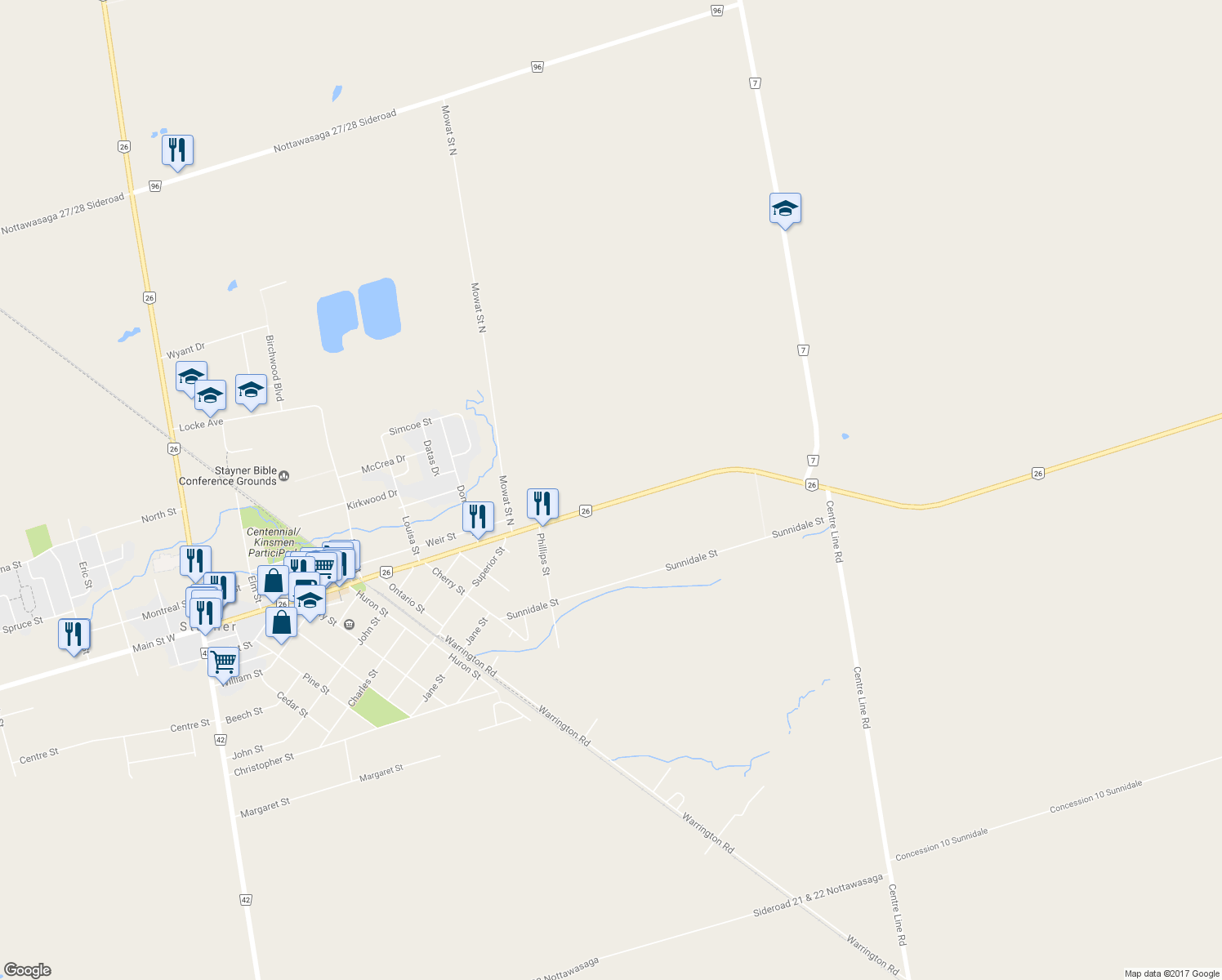 map of restaurants, bars, coffee shops, grocery stores, and more near 7044 Ontario 26 in Stayner